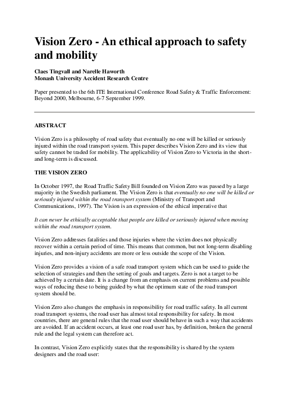 (PDF) Vision Zero: an ethical approach to safety and mobility