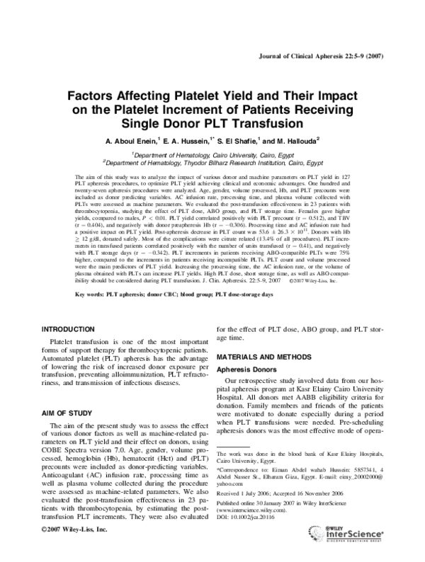 (PDF) Factors affecting platelet yield and their impact on the platelet increment of patients