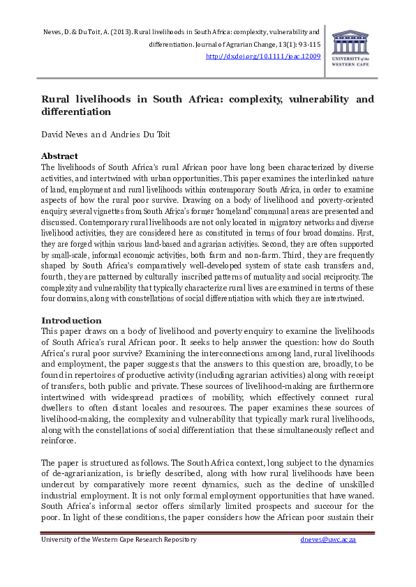 (PDF) Rural Livelihoods in South Africa: Complexity, Vulnerability and ...
