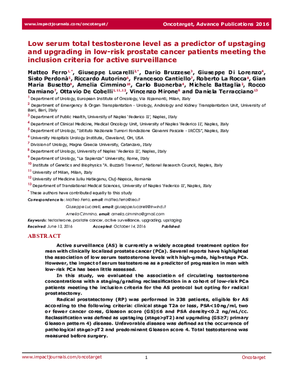 (PDF) Low serum total testosterone level as a predictor of upstaging ...