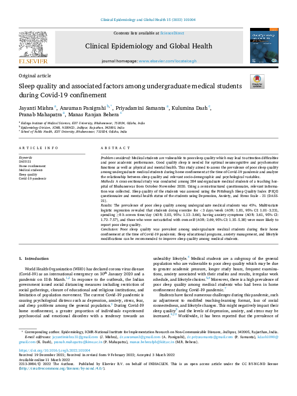 (PDF) Sleep quality and associated factors among undergraduate medical ...