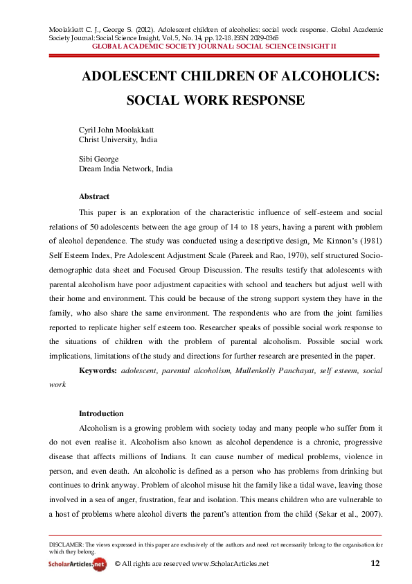 (PDF) Adolescent Children of Alcoholics: Social Work Response