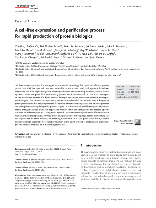 (PDF) A cell‐free expression and purification process for rapid