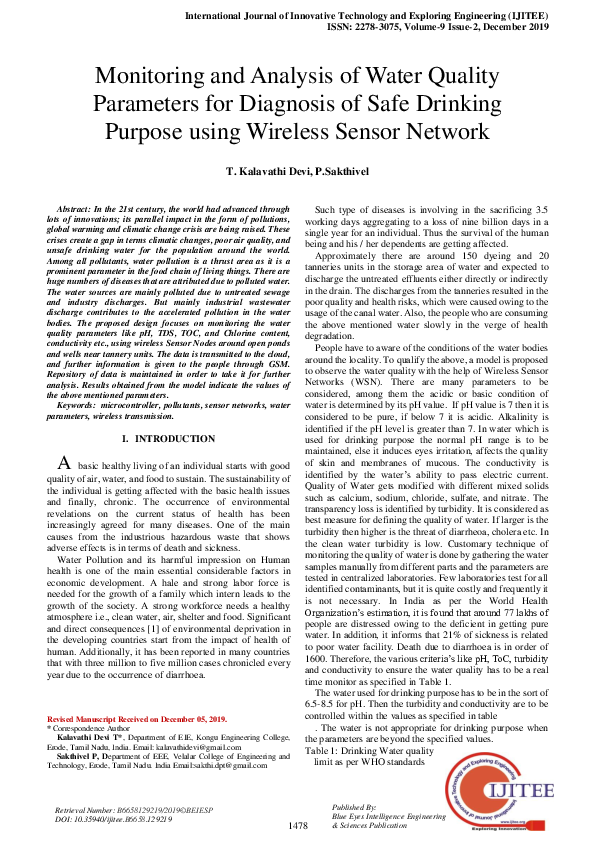 (PDF) Monitoring and Analysis of Water Quality Parameters for Diagnosis ...