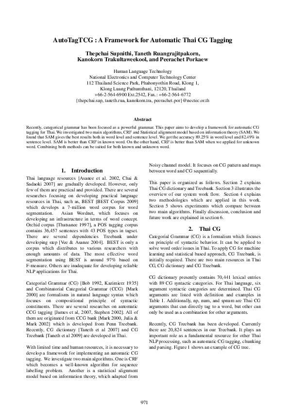 (PDF) AutoTagTCG : A Framework for Automatic Thai CG Tagging
