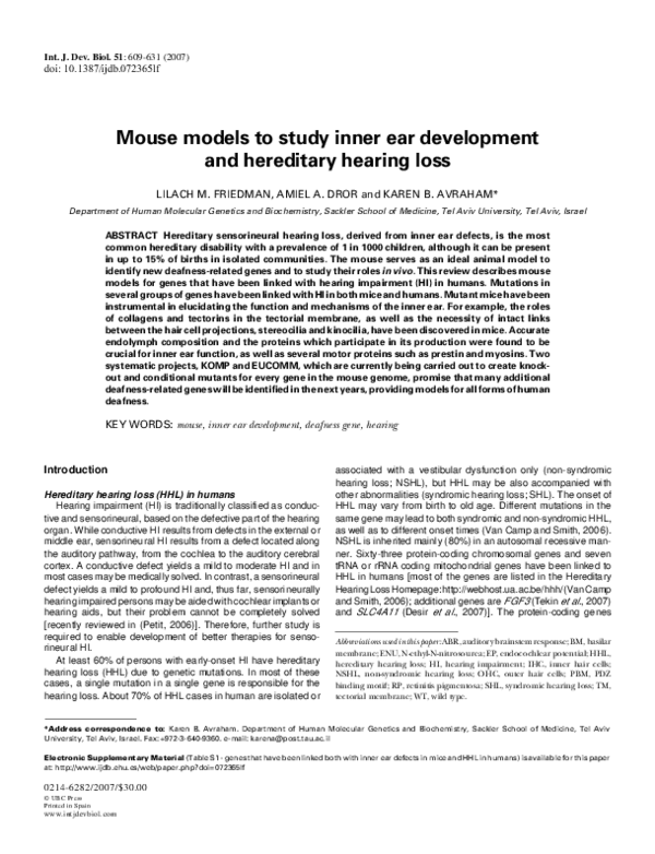 (PDF) Mouse models to study inner ear development and hereditary ...