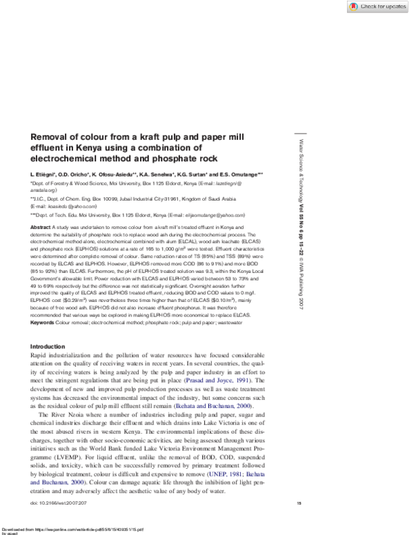 (PDF) Removal of colour from a kraft pulp and paper mill effluent in ...