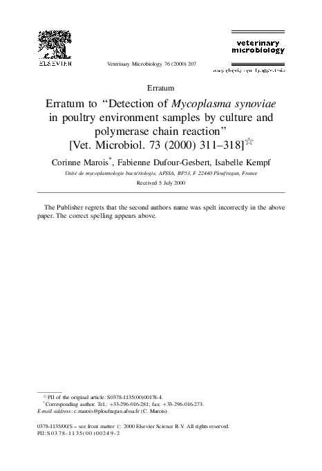 (PDF) Erratum to “Detection of Mycoplasma synoviae in poultry ...