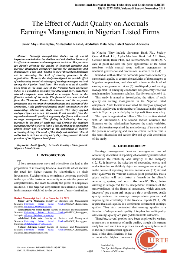 (PDF) The Effect of Audit Quality on Accruals Earnings Management in ...