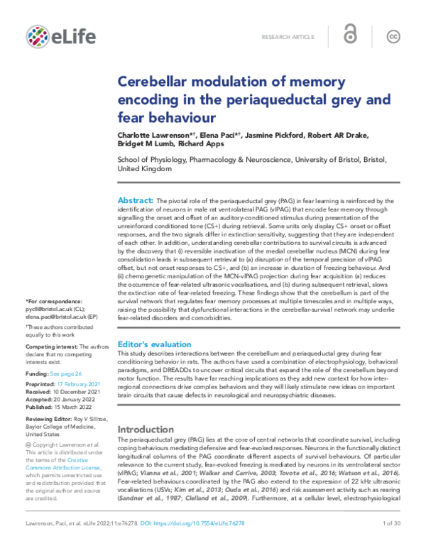 (PDF) Cerebellar modulation of memory encoding in the periaqueductal ...