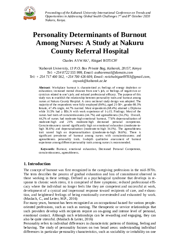 (PDF) Personality Determinants of Burnout Among Nurses: A Study at ...