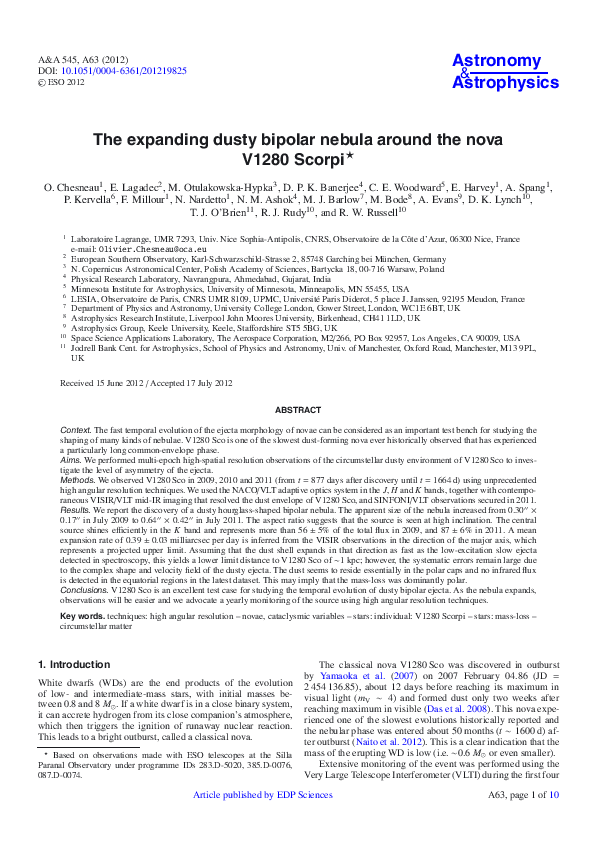 (PDF) The expanding dusty bipolar nebula around the nova V1280 Scorpi