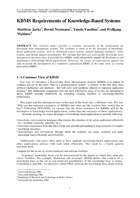 (PDF) KBMS Requirements of KnowledgeBased Systems Yannis Vassiliou
