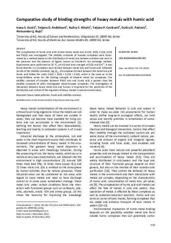 (PDF) Comparative study of binding strengths of heavy metals with humic ...