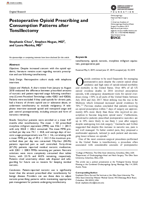 (PDF) Postoperative Opioid Prescribing and Consumption Patterns after ...