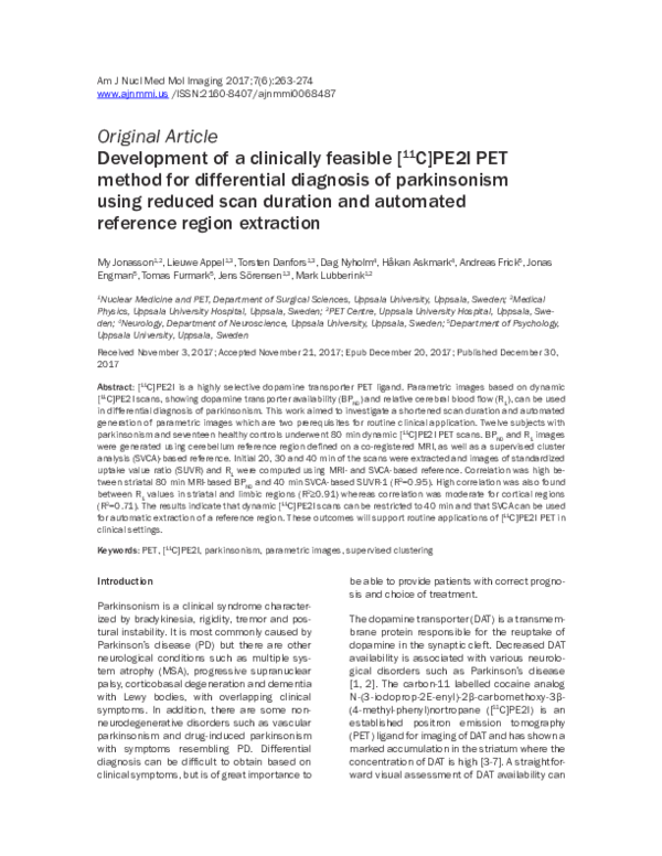 (PDF) Development of a clinically feasible [ 11 C]PE2I PET method for ...