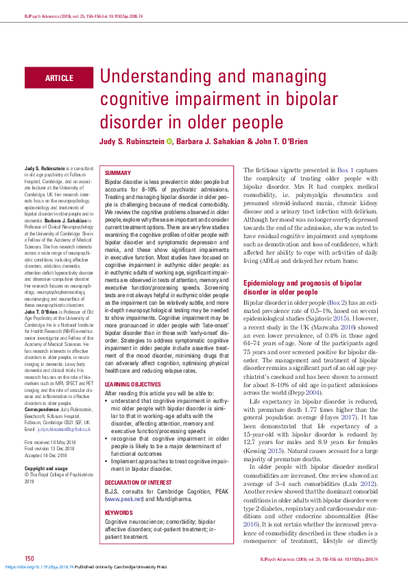 (PDF) Understanding and managing cognitive impairment in bipolar ...
