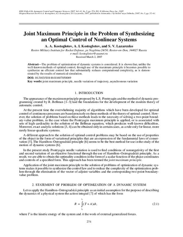(PDF) Joint maximum principle in the problem of synthesizing an optimal ...