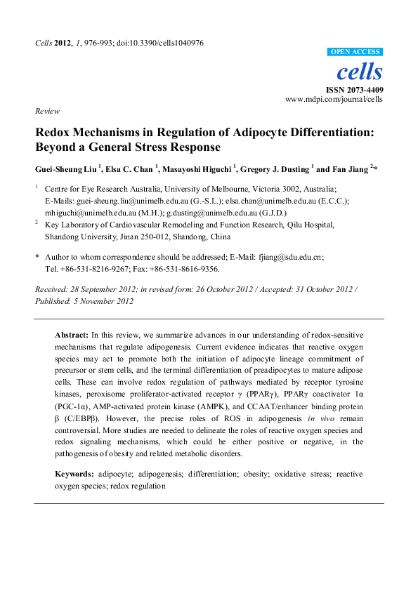 (PDF) Redox Mechanisms in Regulation of Adipocyte Differentiation ...