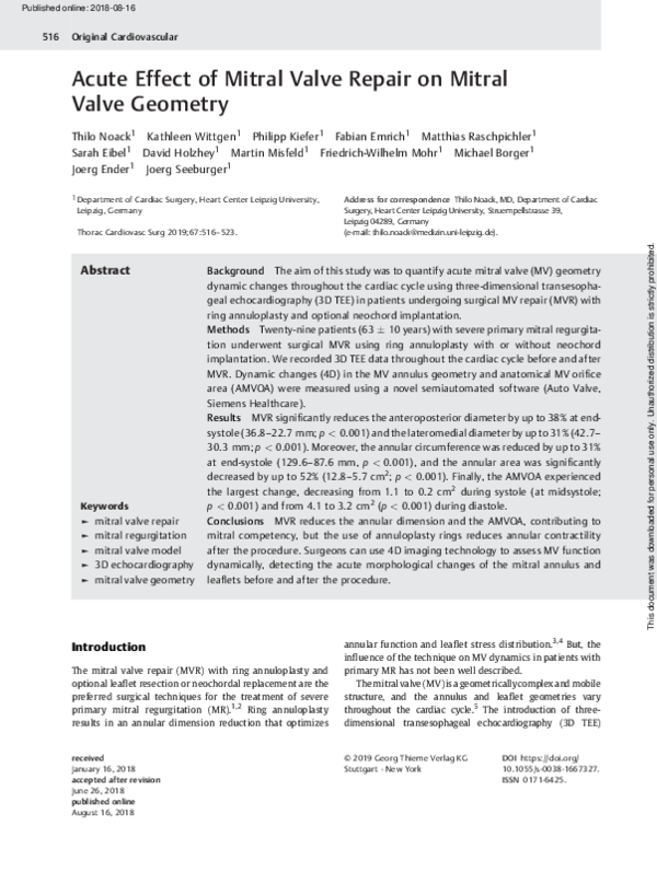 (PDF) Acute Effect of Mitral Valve Repair on Mitral Valve Geometry