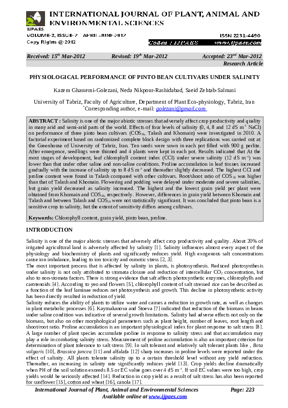 (PDF) Physiological Performance of Pinto Bean Cultivars Under Salinity