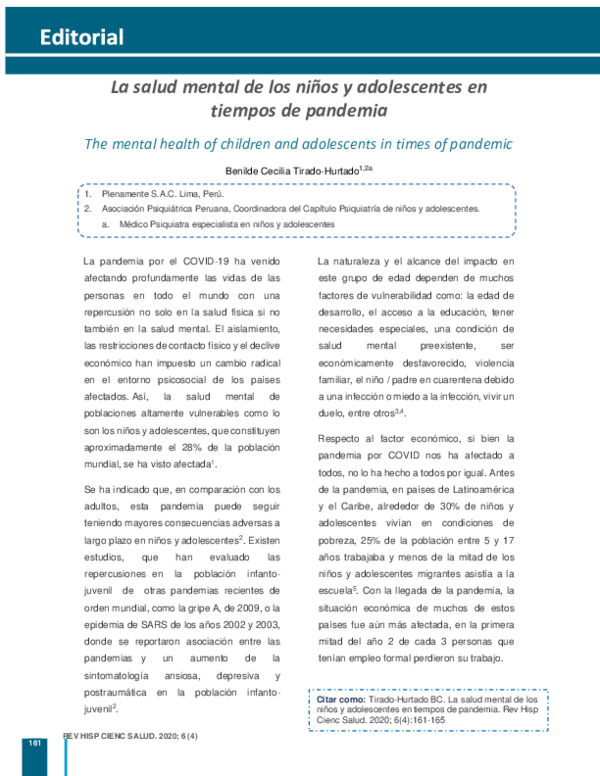 (PDF) La Salud Mental De Los Ninos y Adolescentes en Tiempos De Pandemia