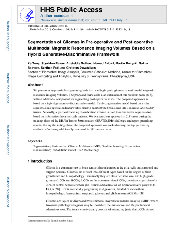 Segmentation of Gliomas in Pre-operative and Post-operative Multimodal Magnetic Resonance Imaging Volumes Based on a Hybrid Generative-Discriminative Framework