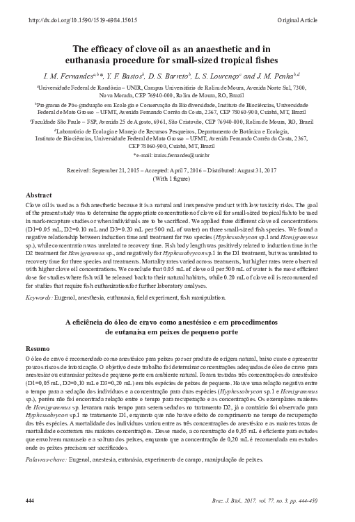 (PDF) The efficacy of clove oil as an anaesthetic and in euthanasia