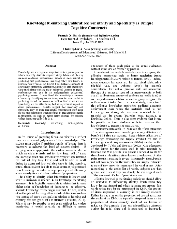 (PDF) Knowledge Monitoring Calibration: Sensitivity and Specificity as ...