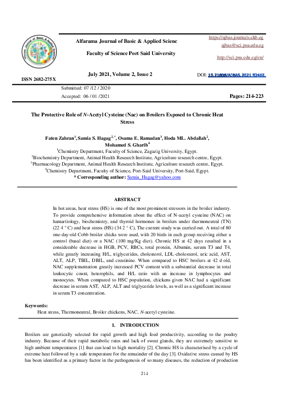 (PDF) The Protective Role of N-Acetyl Cysteine (Nac) on Broilers ...
