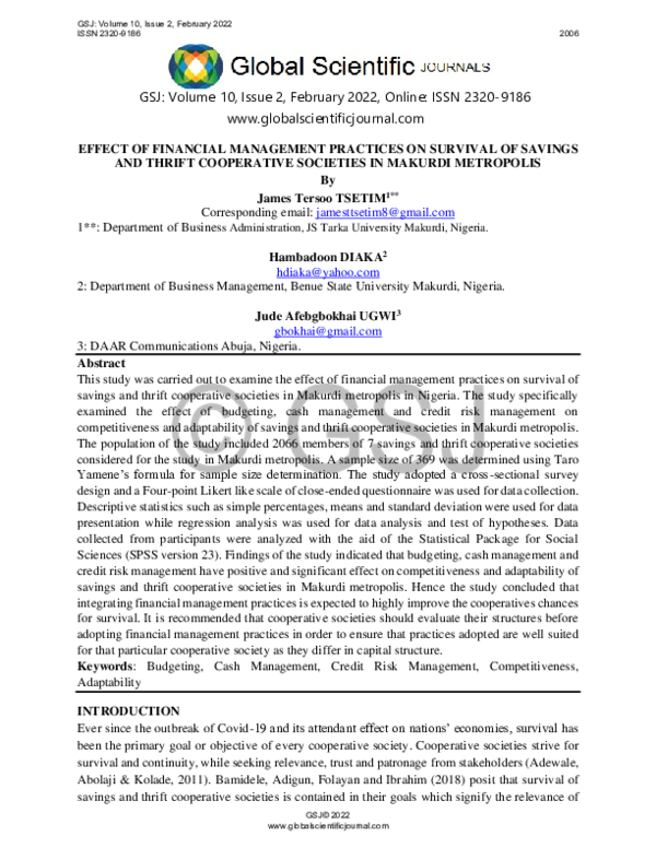 (PDF) EFFECT OF FINANCIAL MANAGEMENT PRACTICES ON SURVIVAL OF SAVINGS ...