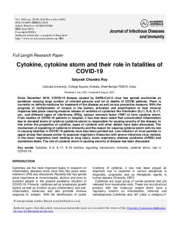 (PDF) Cytokine, cytokine storm and their role in fatalities of COVID-19