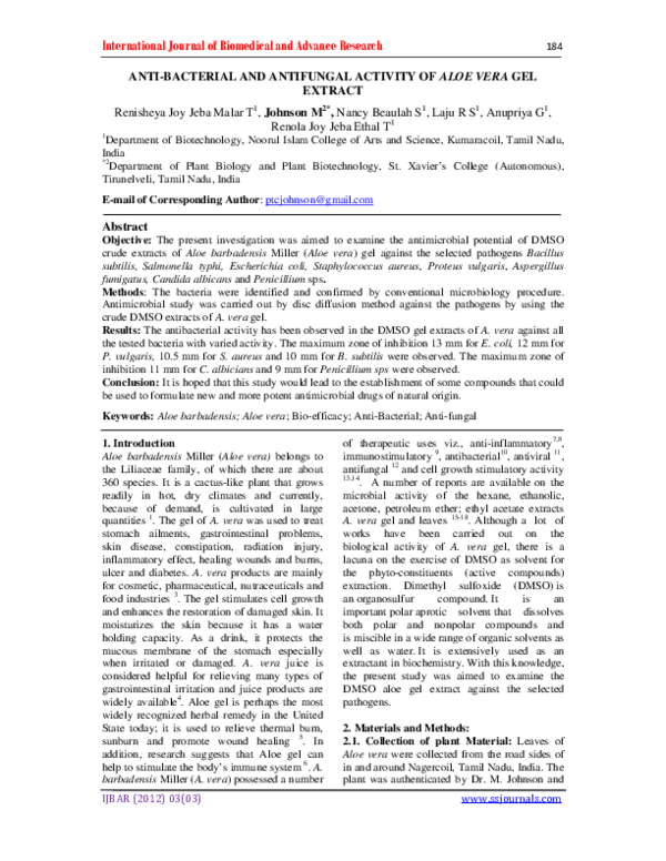 (PDF) Anti-Bacterial and Antifungal Activity of Aloe Vera Gel Extract