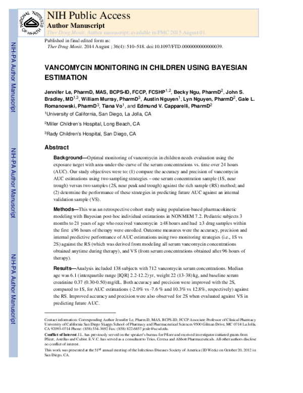 (PDF) Vancomycin Monitoring in Children Using Bayesian Estimation