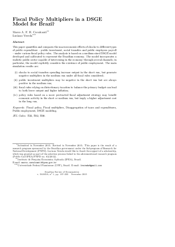 (PDF) Fiscal Policy Multipliers in a DSGE Model for Brazil