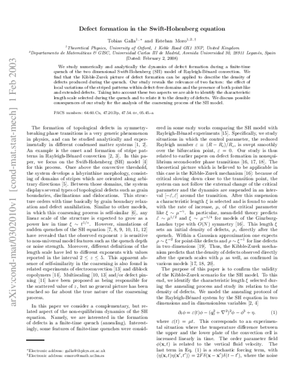(PDF) Defect formation in the Swift-Hohenberg equation