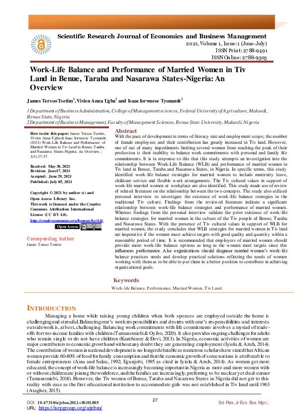 (PDF) Work-Life Balance and Performance of Married Women in Tiv Land in ...