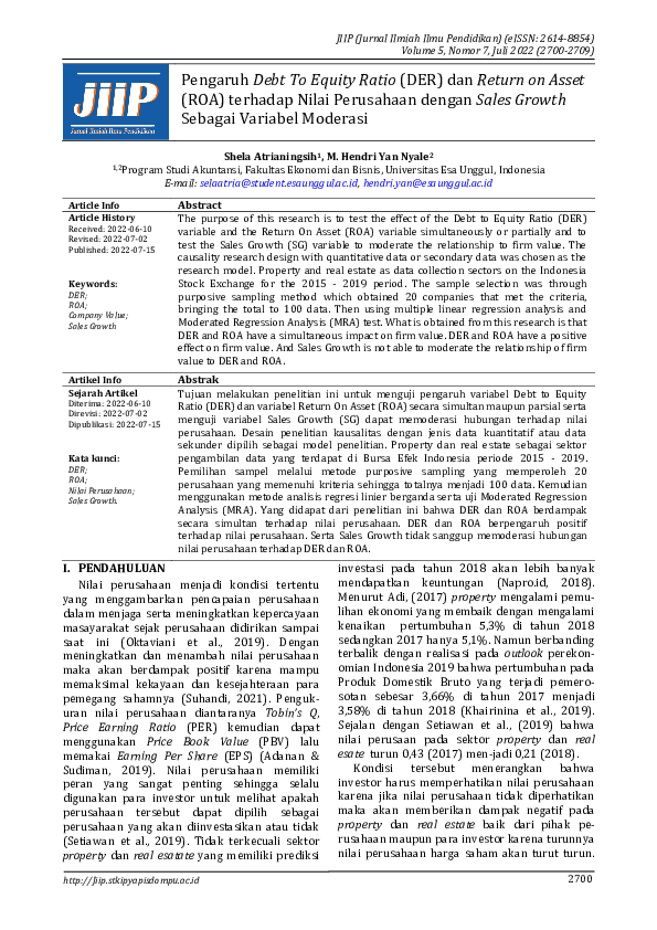 (PDF) Pengaruh Debt To Equity Ratio (DER) dan Return on Asset (ROA ...