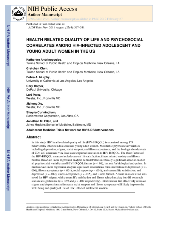 (PDF) Health Related Quality of Life and Psychosocial Correlates among ...