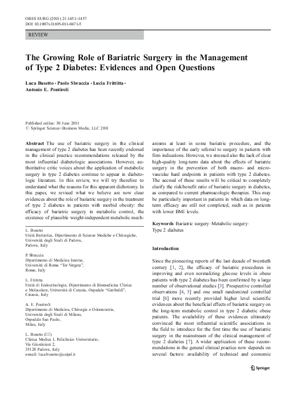 (PDF) The Growing Role of Bariatric Surgery in the Management of Type 2 ...