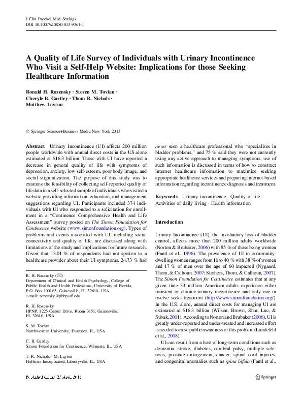 (PDF) A Quality of Life Survey of Individuals with Urinary Incontinence ...