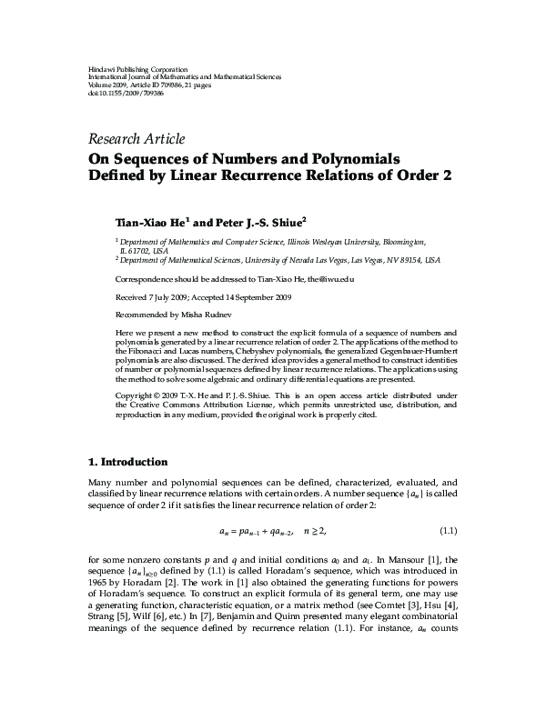 (PDF) On Sequences of Numbers and Polynomials Defined by Linear ...