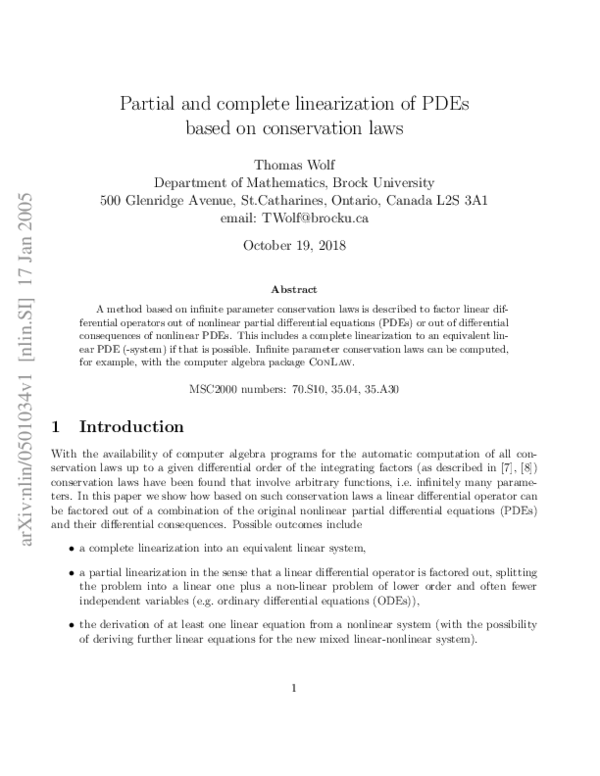 (PDF) Partial and Complete Linearization of PDEs Based on Conservation Laws