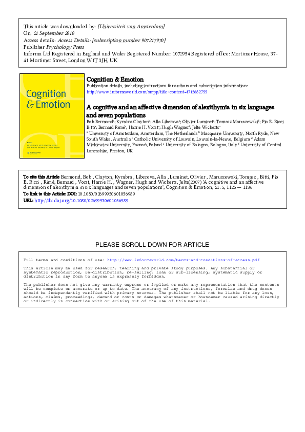 (PDF) A cognitive and an affective dimension of alexithymia in six ...