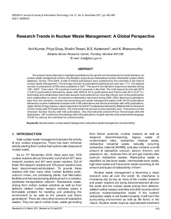 (PDF) Research Trends in Nuclear Waste Management A Global Perspective