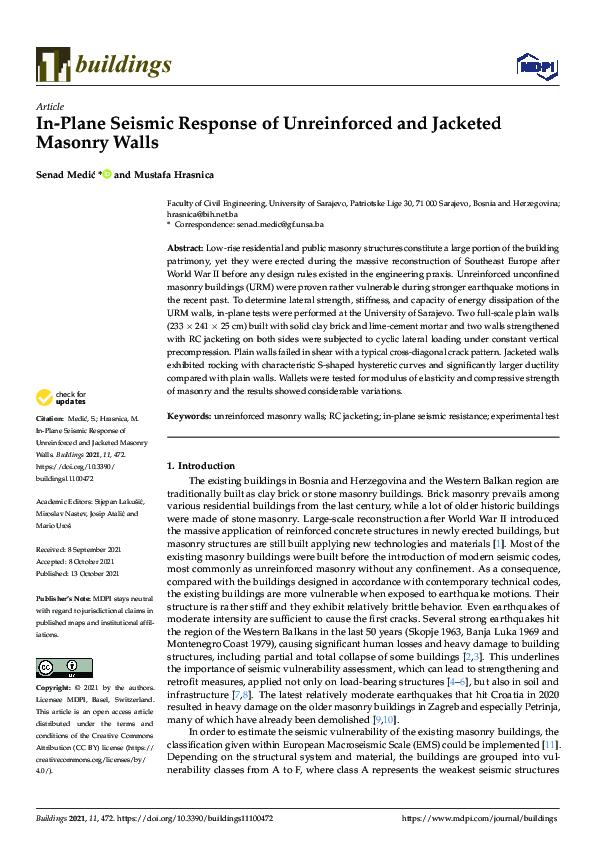 (PDF) In-Plane Seismic Response of Unreinforced and Jacketed Masonry Walls