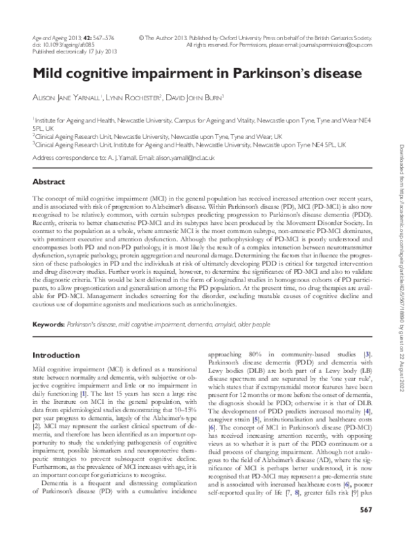(PDF) Mild cognitive impairment in Parkinson's disease