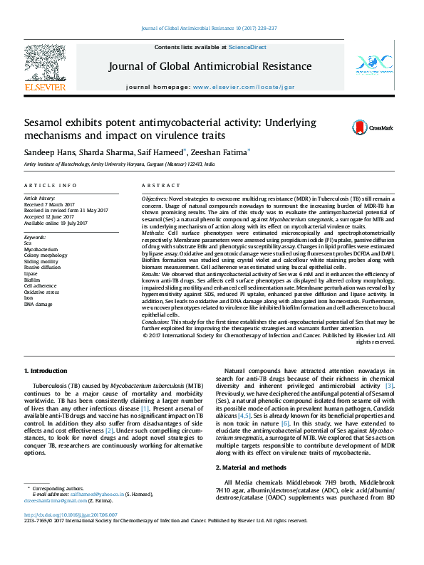 (PDF) Sesamol exhibits potent antimycobacterial activity: Underlying ...