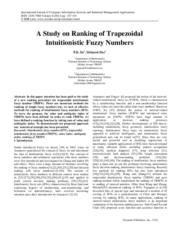 (PDF) A Study on Ranking of Trapezoidal Intuitionistic Fuzzy Numbers