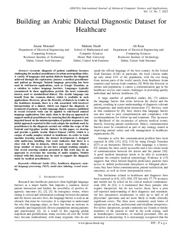 (PDF) Building an Arabic Dialectal Diagnostic Dataset for Healthcare